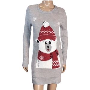 Guilty Polar Bear Holiday Sweater Dress Grey Size Medium Ugly Christmas Knit